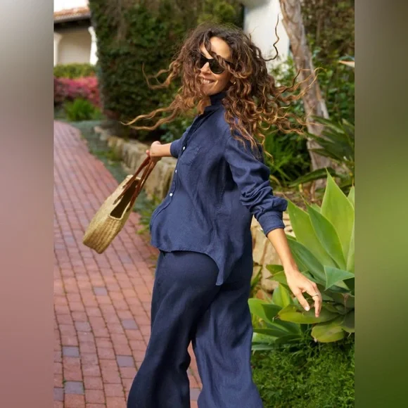 Frank & Eileen Linen Set Eileen Button Down and Pull On Pant in Blue - Medium - Picture 3 of 16